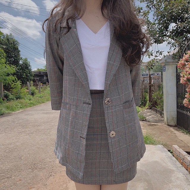 Set caro blazer (gồm áo vest + chân váy) CARO YAYSHOP cá tính năng động (hình thật )