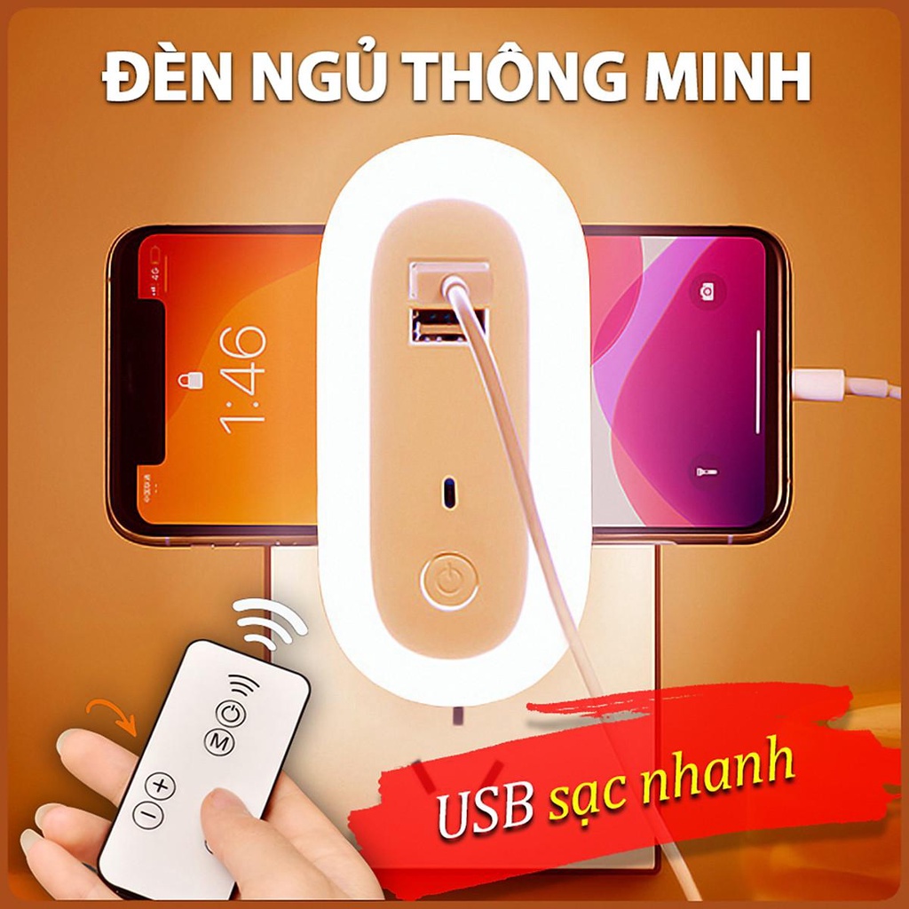 Đèn ngủ Oval cắm điện 10 cấp độ sáng có remote - đèn ngủ thông minh - hẹn giờ - 2 cổng USB sạc nhanh mới 2021