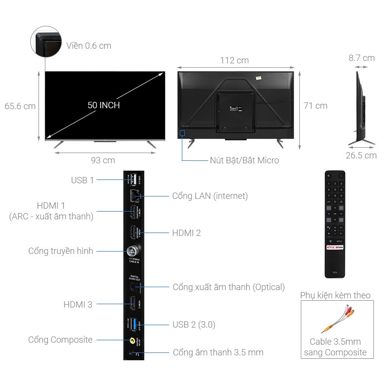 Tivi TCL 4K 50 inch 50P725 Android  âm vòm chất lượng cao - Hàng chính hãng BH 12 tháng.