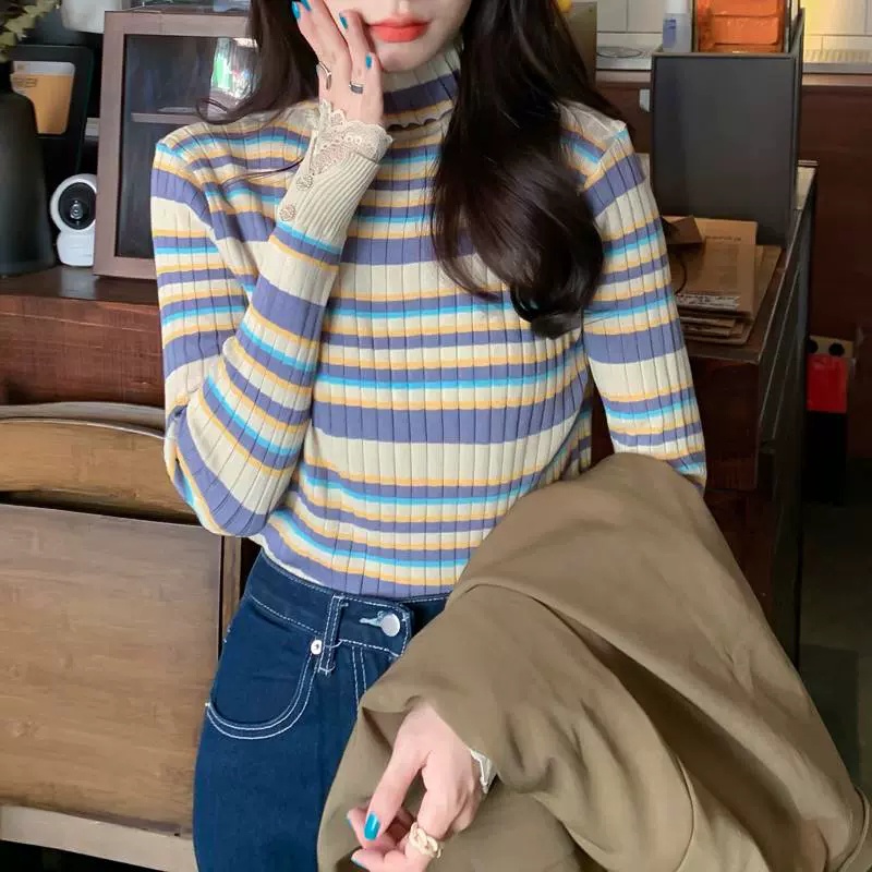 Áo len ZHELIHANGFEI tay dài cổ lọ họa tiết sọc theo phong cách phương Tây dễ phối đồ