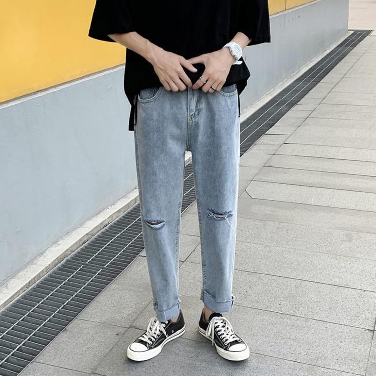 Quần baggy nam nữ đen rách gối , quần jeans ống rộng , dáng xuông , không phai màu phong cách Hàn Quốc  ྇ ྇