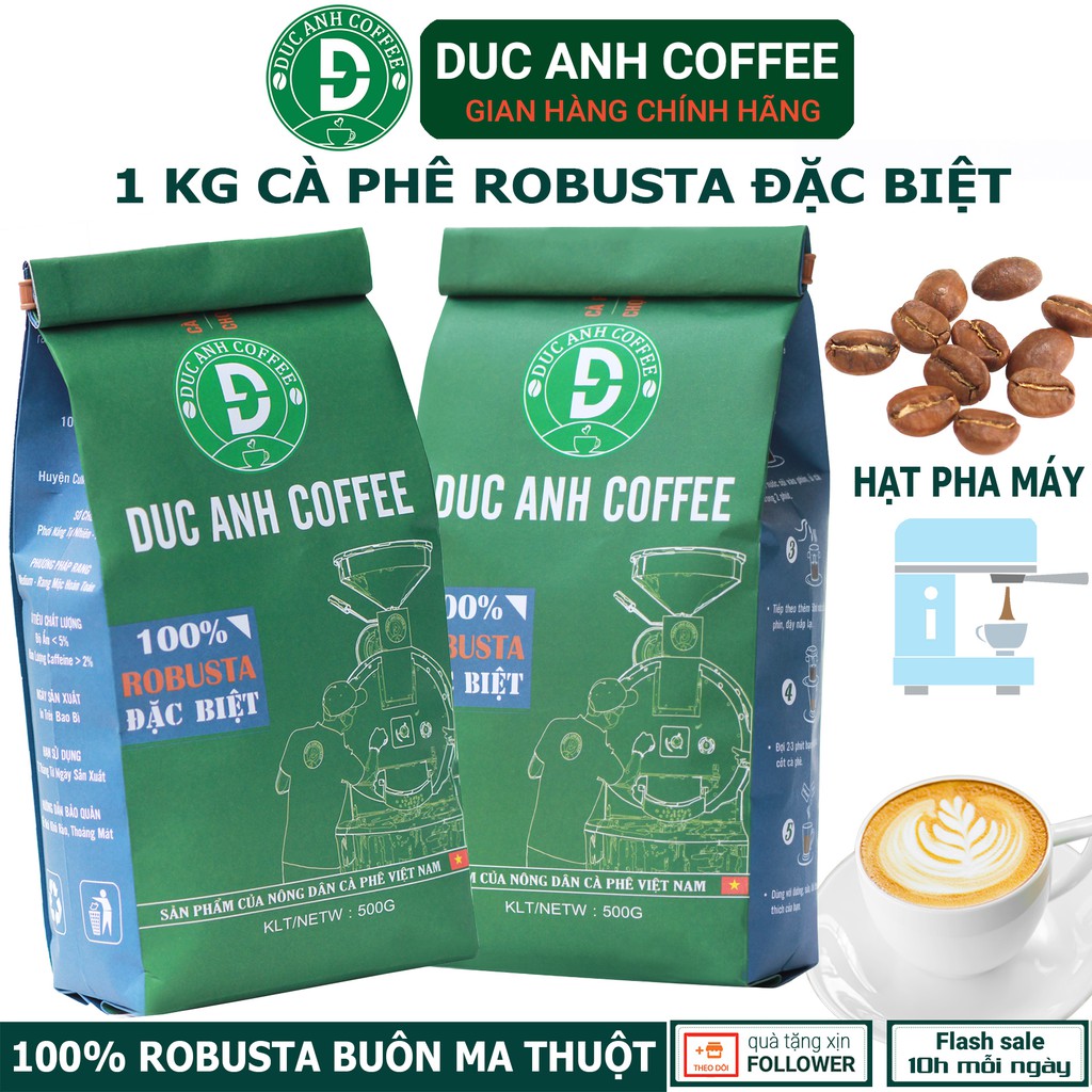 1kg cà phê Hạt pha máy 100% Robusta rang mộc DUC ANH COFFEE nguyên chất - túi giấy