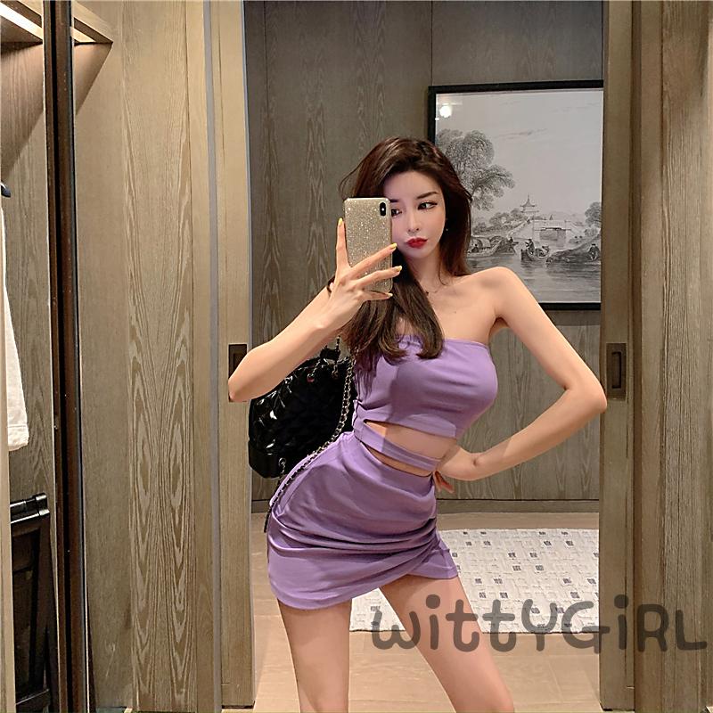 Set áo croptop không tay + chân váy lưng cao màu sắc thời trang cho nữ