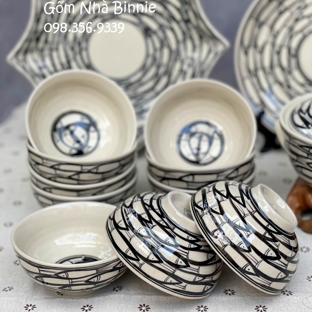 Bộ Bát Đĩa sứ Bát Tràng vẽ đàn cá - Set gia đình nhỏ 10 món