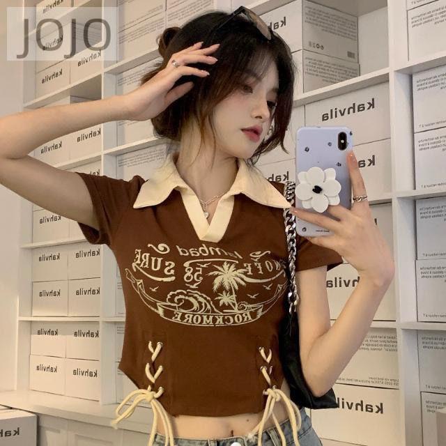 Áo Thun Ngắn Ôm Eo Cột Dây Cổ Lật Màu Sắc Tương Phản Phong Cách Retro Đường Phố Mỹ Cho Nữ