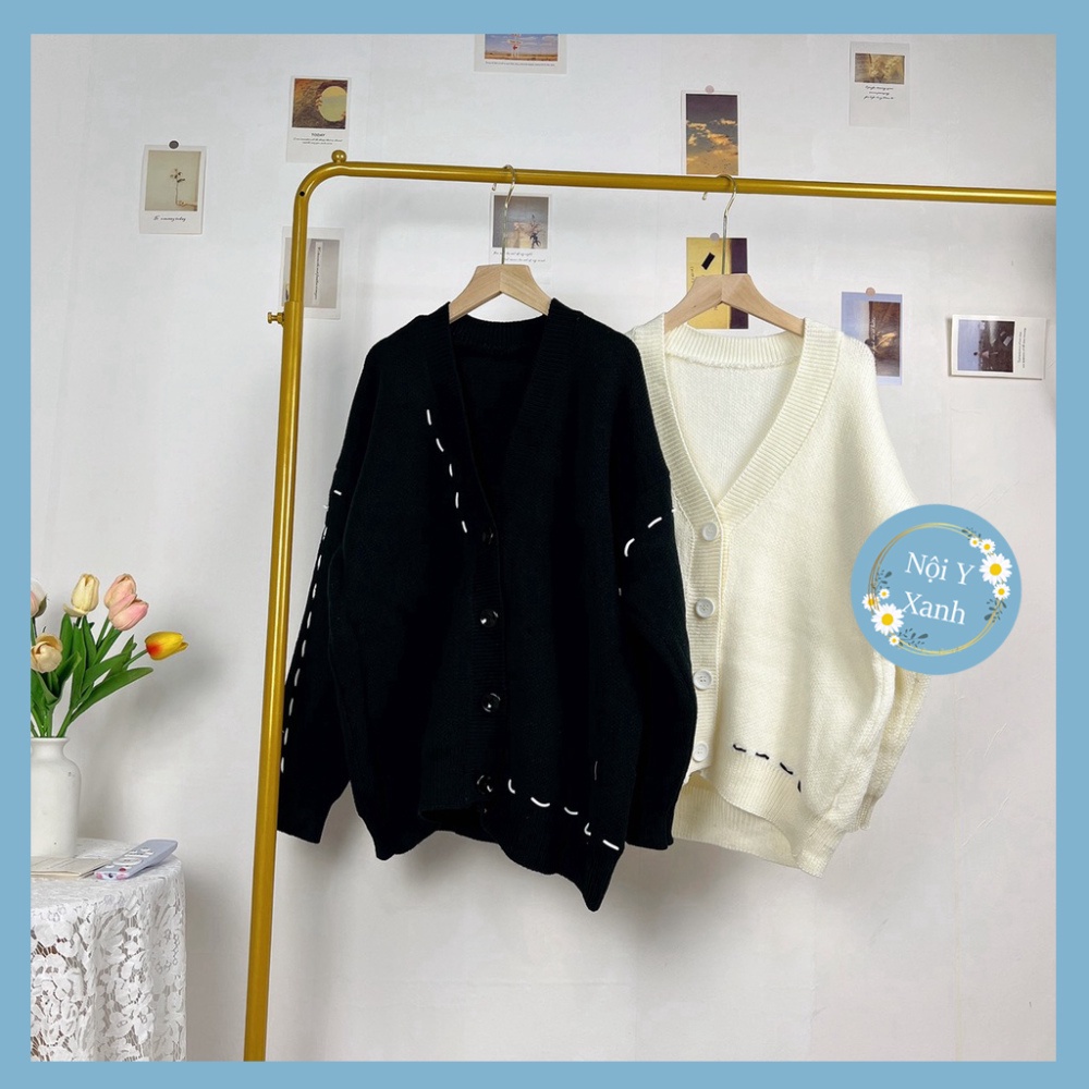 áo khoác len cardigan trắng phối viền kẻ sọc đen chất len đẹp QCCC dáng rộng phong thái korea noiyxanh hot trend, ph