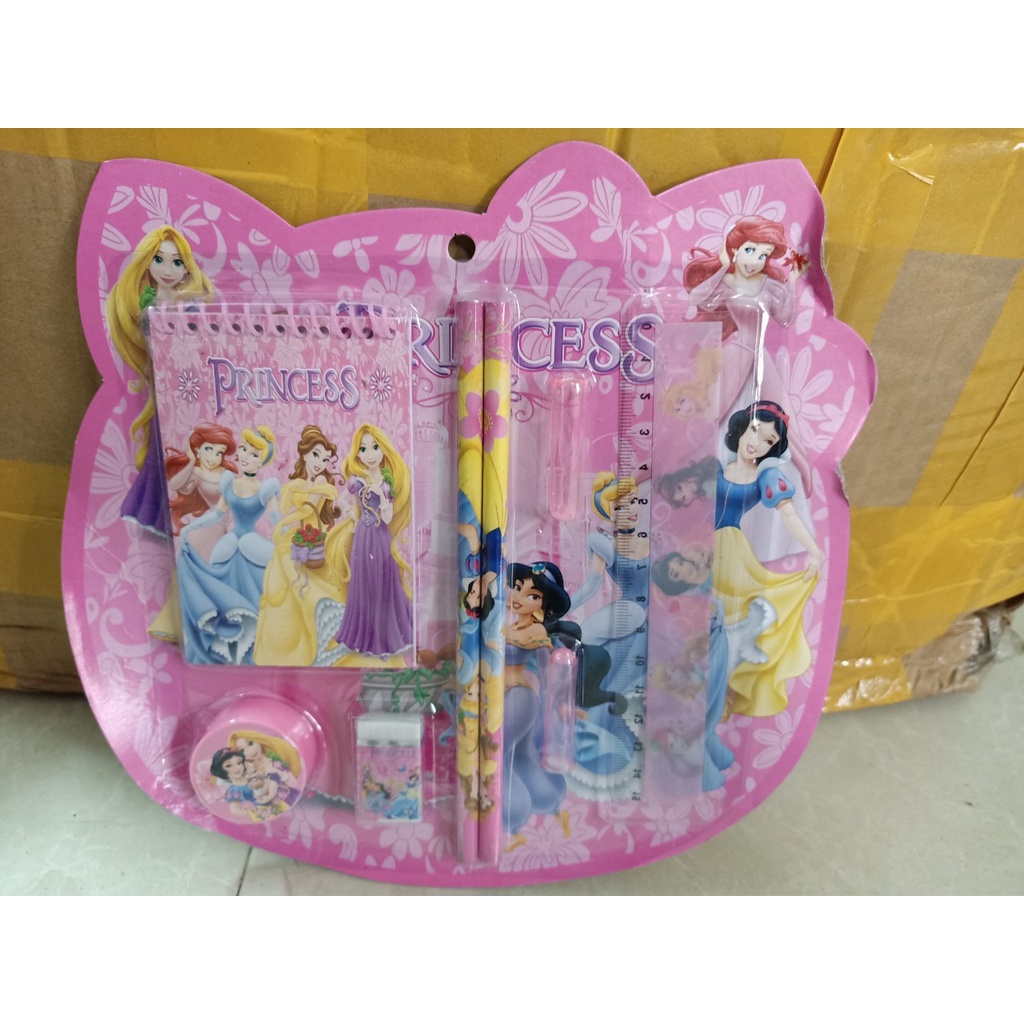 🌸Bộ Bút chì, thước kẻ, gọt bút, tẩy chì,sổ ghi chú xinh xắn hình dáng người nhện doremon mickey elsa cho bé