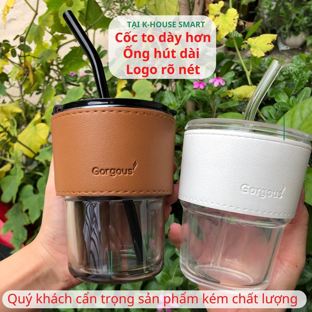 Cốc thuỷ tinh 450ml bọc da cao cấp,có kèm nắp đậy và ống hút K-House Smart