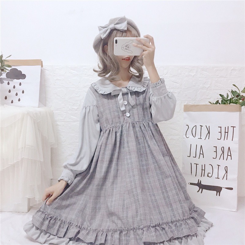 Đầm baby doll lolita tay dài cổ áo búp bê váy xòe ulzzang (2 màu )