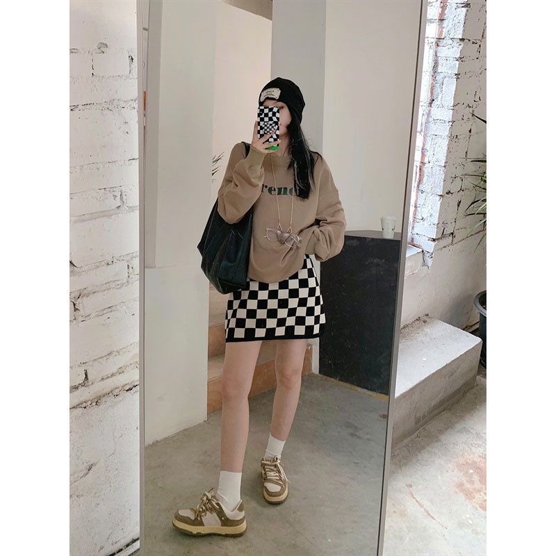 Chân Váy Chữ A Lưng Cao Họa Tiết Sọc Caro Thời Trang Hàn Quốc