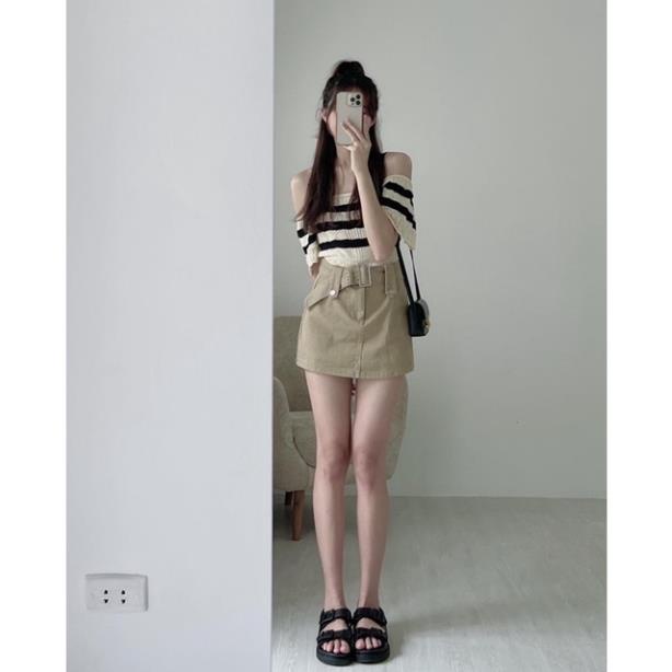 Áo trễ vai SIMEE len móc kẻ ngang ngắn tay bèo