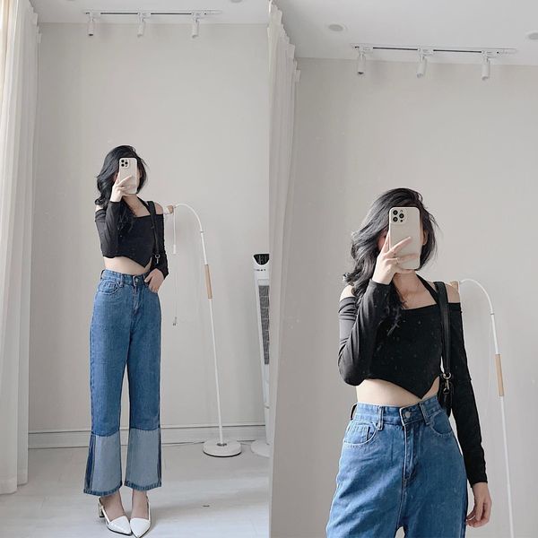 Áo croptop len tăm dài tay dây buộc cổ by Samhyewear