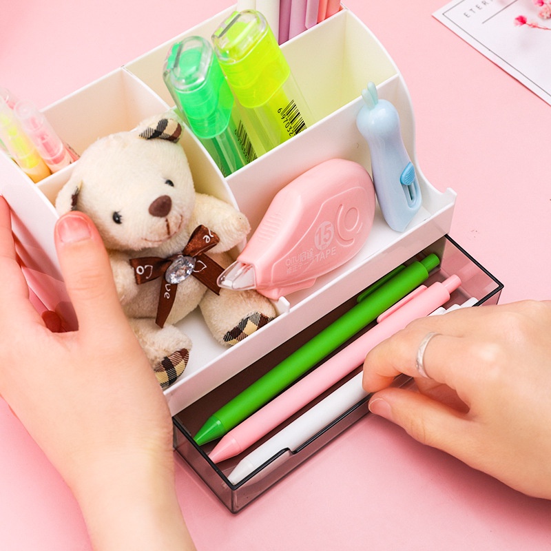 &lt;Tặng Sticker&gt; Khay Kệ Nhựa Đựng Bút Cọ Trang Điểm Đồ Để Bàn Đa Năng Tiện Dụng Tai Thỏ Có Ngăn Kéo CL022