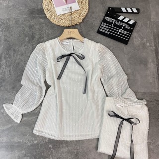 Sơ mi cổ nơ voan hạt