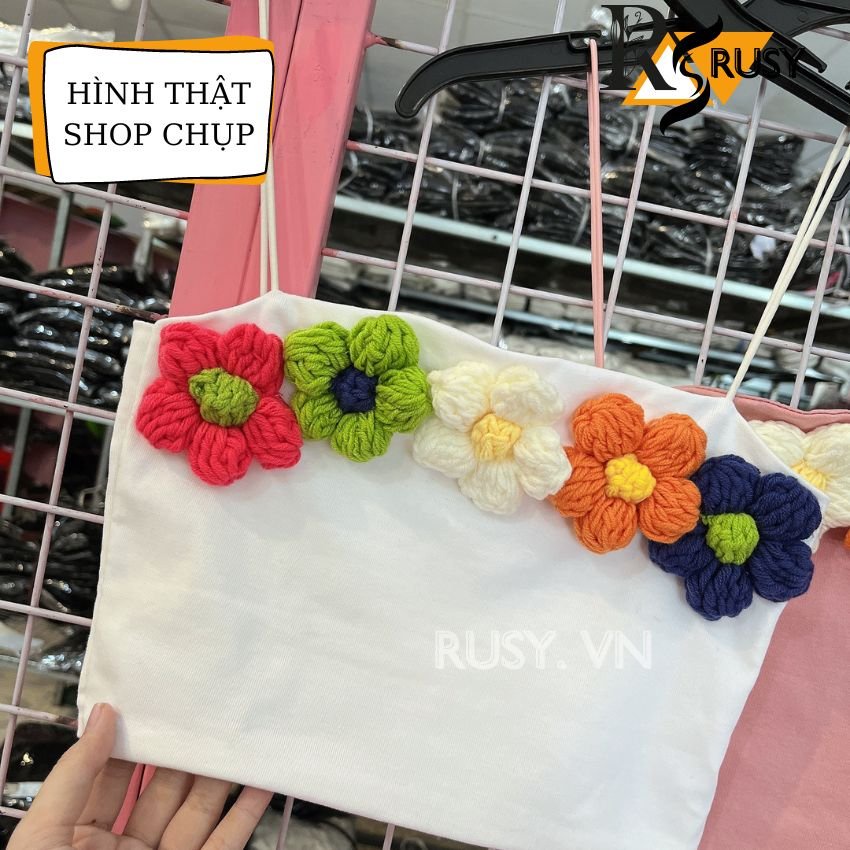 Áo 2s croptop chất borip gân phối ticker hoa cúc đan bằng len siêu đáng yêu