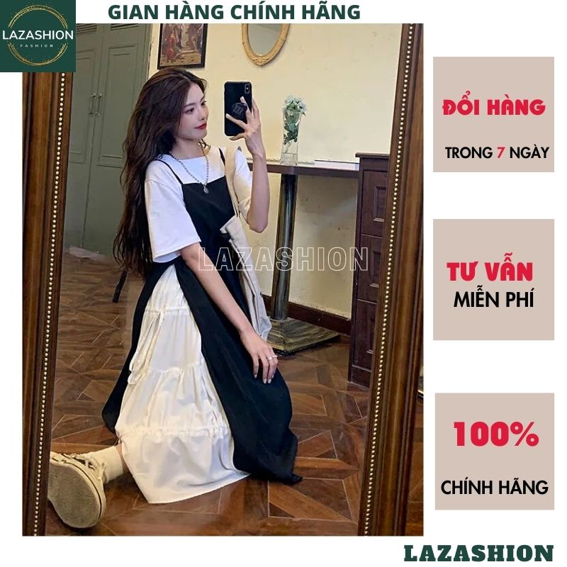 Set váy yếm đen trắng đầm nữ áo cộc tay croptop kèm váy 2 dây dài maxi dáng xòe kiểu dáng ulzaang hàn quốc hot trend | BigBuy360 - bigbuy360.vn