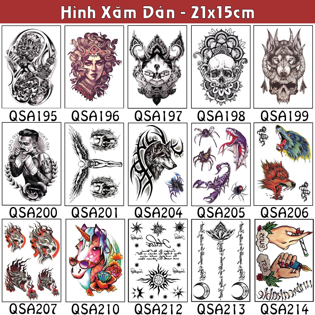 Hình Xăm Dán Không Thấm Nước Đầu Lâu, Sói, Bọ Cạp, Chữ (21x15cm - QSA195-214)