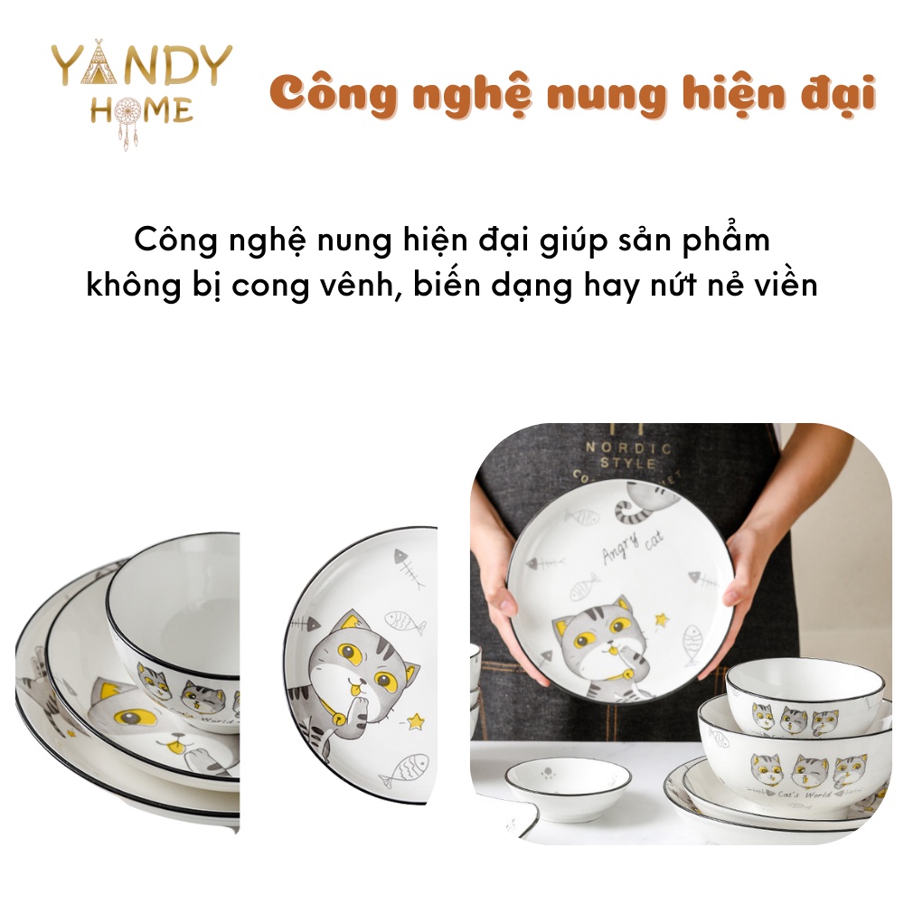 Bát đĩa tô chén gốm sứ YANDY HOME BB14 chất men cao cấp họa tiết Angry Cat cute