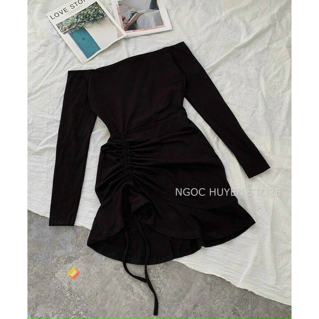 đầm borip dài tay kiểu trễ vai rút dây 1 bên