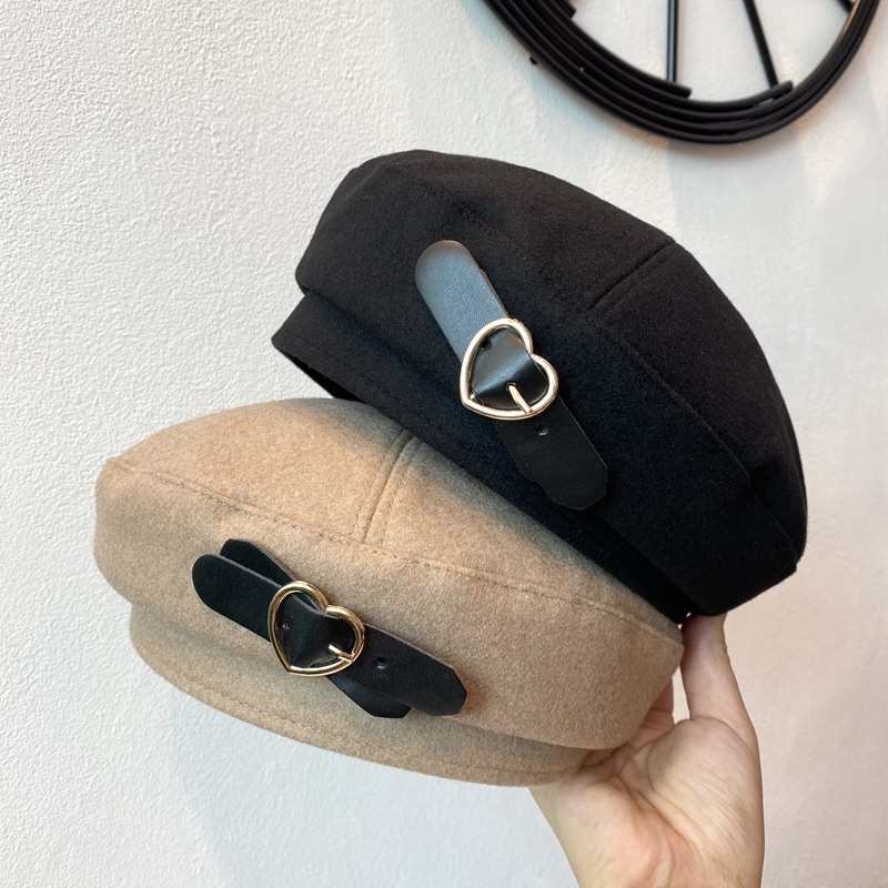 Mũ nồi vải len màu đen phối khóa kim loại phong cách retro thanh lịch cho nữ