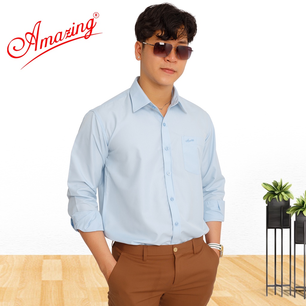 Áo sơ mi nam tay dài màu xanh biển, thời trang công sở cao cấp Amazing, vải KT lụa Bamboo mịn mềm