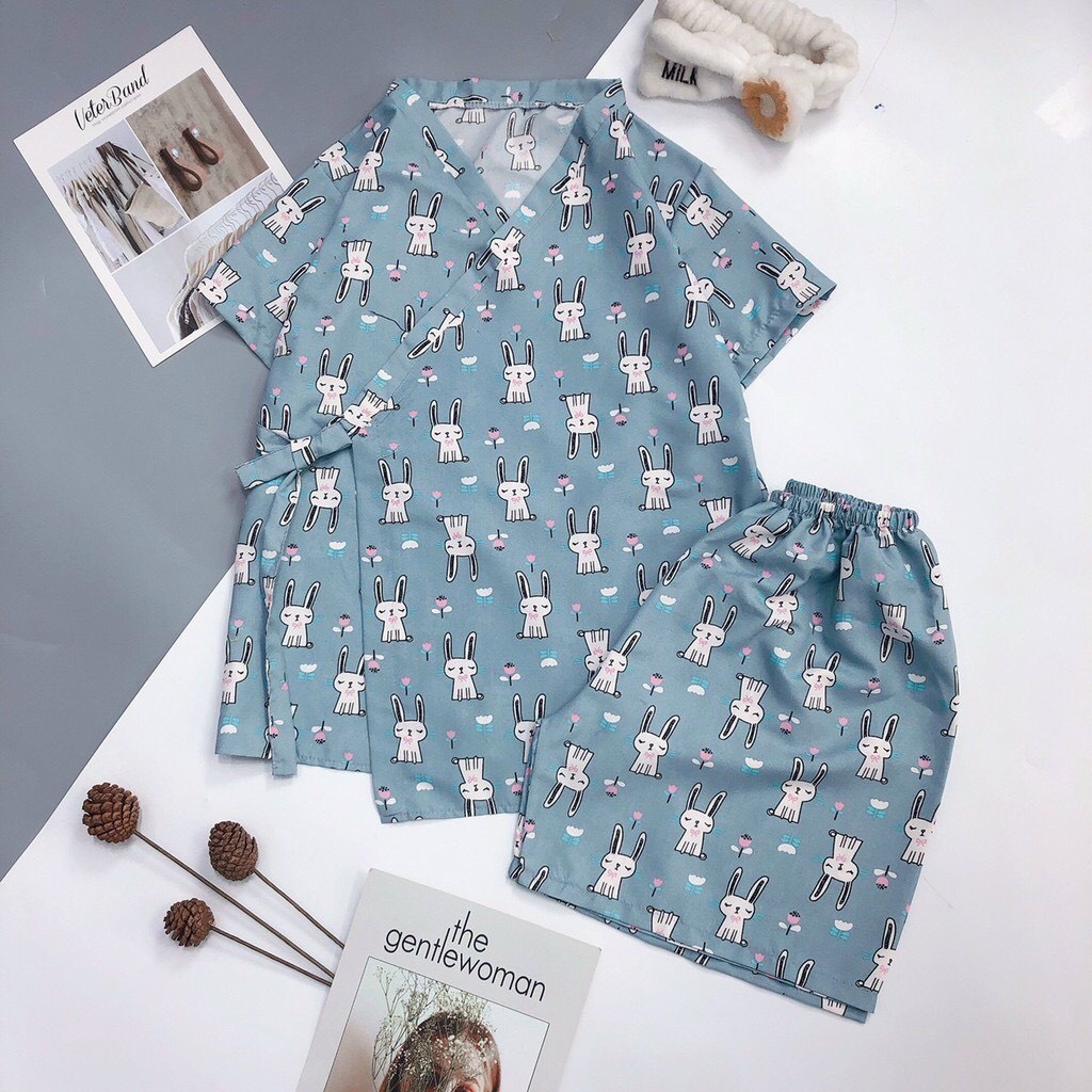 Bộ Đồ Ngủ Nữ Mặc Nhà Ngắn Tay Pijama Kimono Cộc Tay Vạt Chéo Họa Tiết Dễ Thương