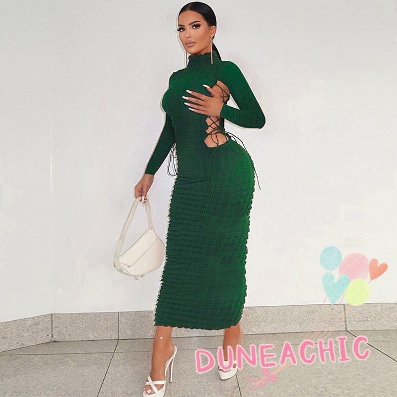DUNEA Đầm Dài Tay Cổ Cao Thời Trang Dành Cho Nữ