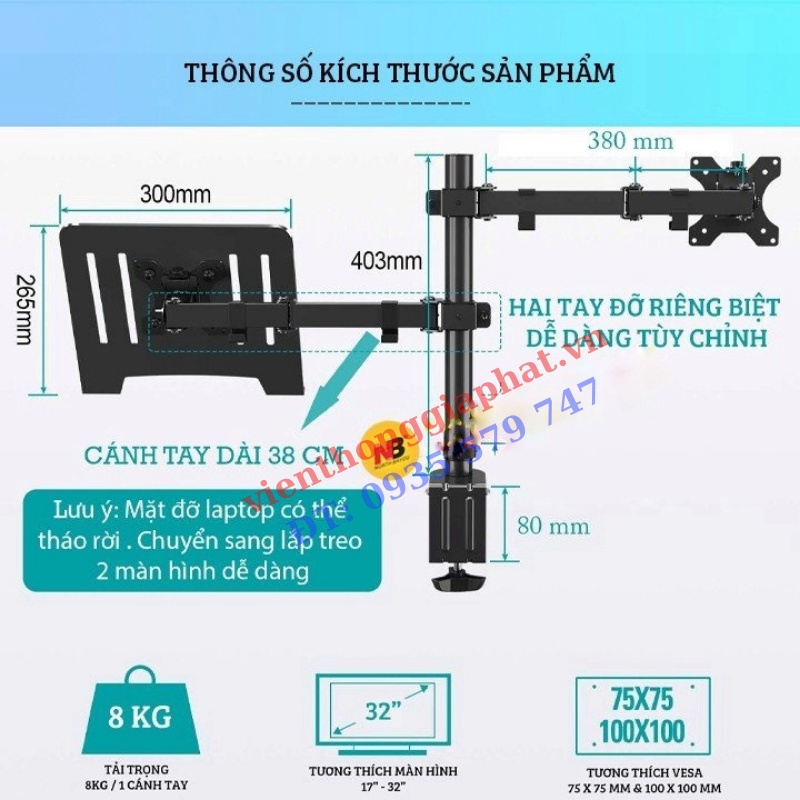 M074 - Giá Treo Màn Hình  Kèm Giá Đỡ Laptop/MacBook