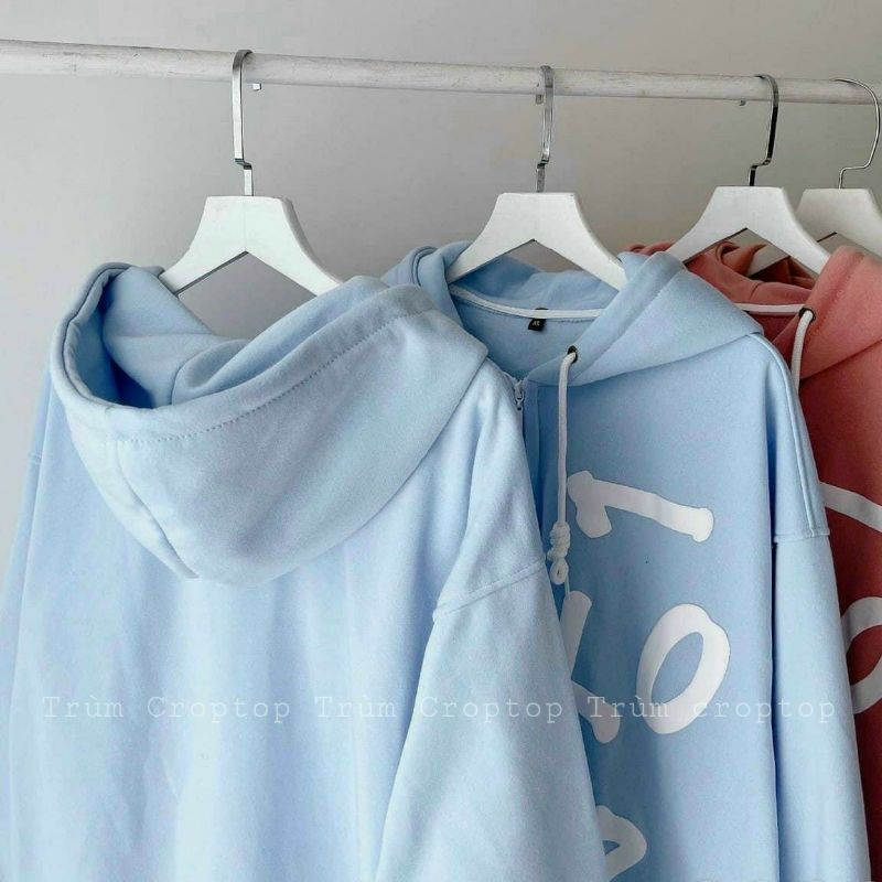 Áo Khoác Hoddie Dây Kéo In Hình Chữ Cái 2 Màu Xanh Hồng Form Rộng Ulzzang