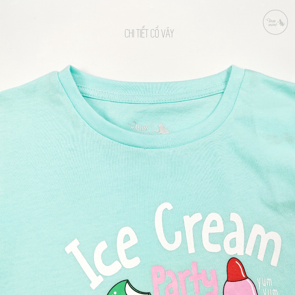 Váy Bé Gái Miss Meow, Đầm Cho Bé Chất Cotton Bèo Gấu In Ice Cream Size Đại 3-11 Tuổi