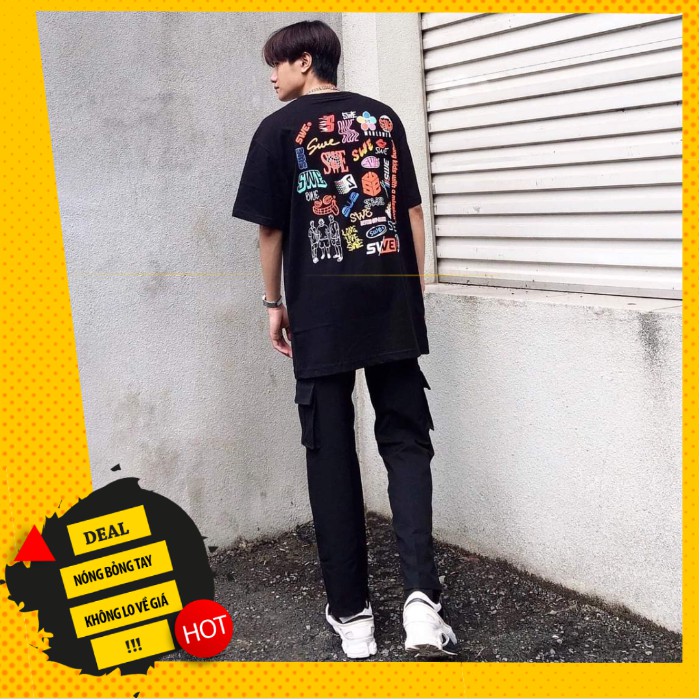 Áo thun tay lỡ unisex form rộng SWE Logos Tee màu đen, vải cotton 100% co dãn 4 chiều, có logo tem mạc SWE đầy đủ AL44 | BigBuy360 - bigbuy360.vn
