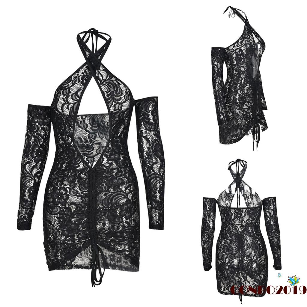 Đầm Ren Một Mảnh Tay Dài Cổ Yếm Có Dây Rút Dành Cho Nữ