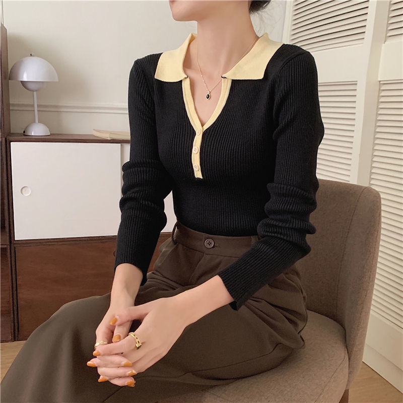 Áo Thun Dệt Kim Cổ POLO Tay Dài Màu Sắc Tương Phản Thời Trang Dành Cho Nữ