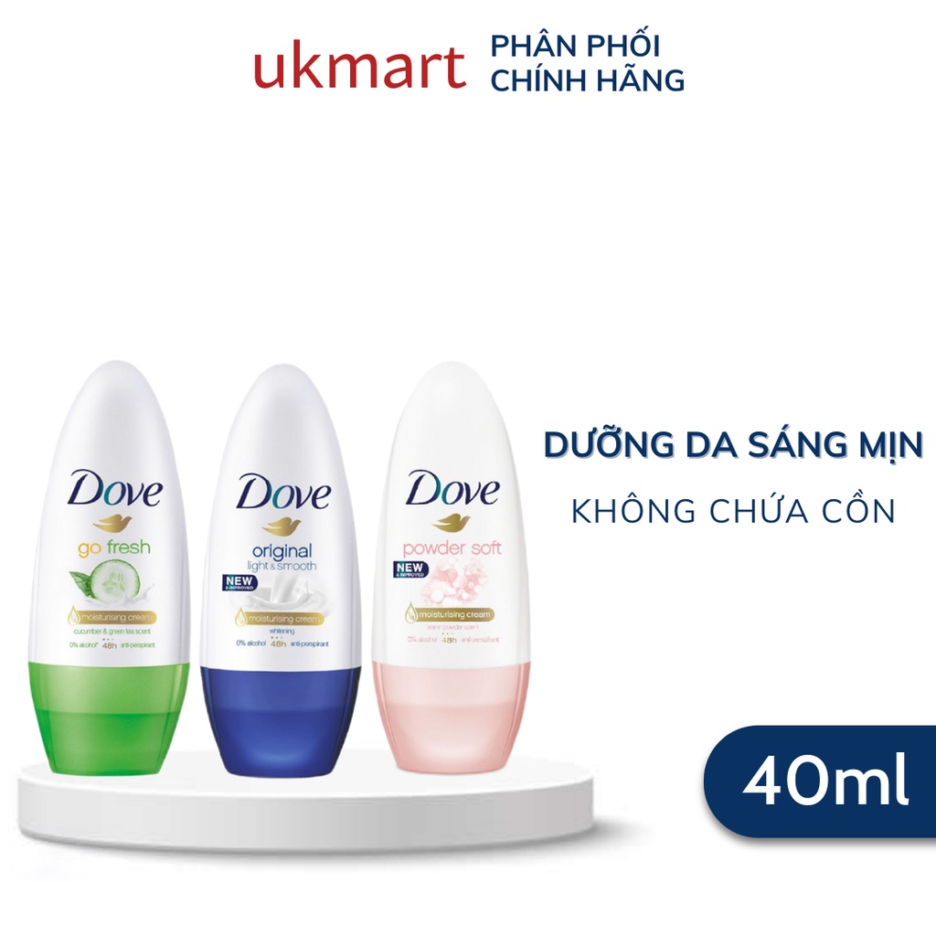 Lăn Khử Mùi Dove Original Nourised &amp; Smooth Hương Dịu Nhẹ Go Fresh Hương Dưa Leo &amp; Trà Xanh Powder Soft 40ml