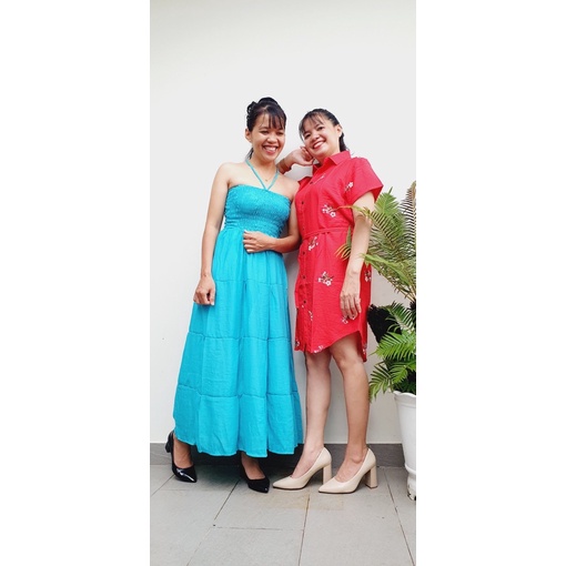 [47-60ky]Đầm maxi xoè ráp tầng đầm chạy thun quanh eo tôn dáng vải xô gân có lót
