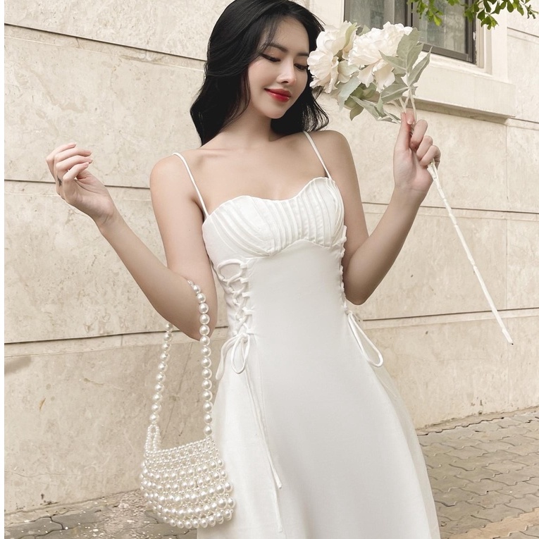 Đầm đi dự tiệc cưới thiết kế hai dây dáng xòe, đan dây xinh xắn