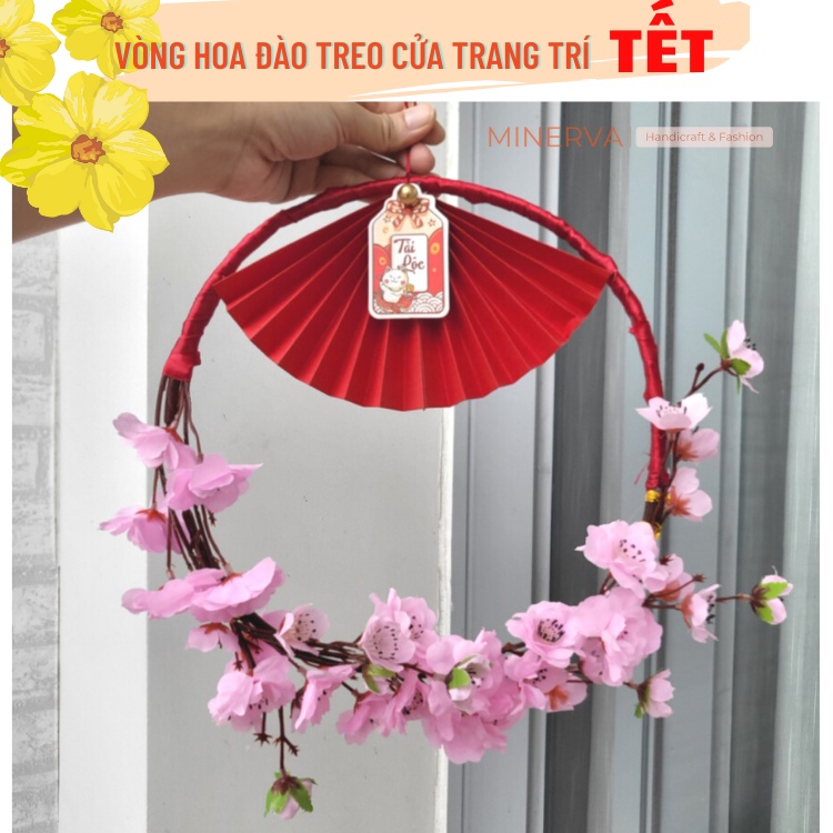 [TẾT 2023] Vòng hoa đào màu hồng nhạt treo cửa trang trí Tết 28 cm