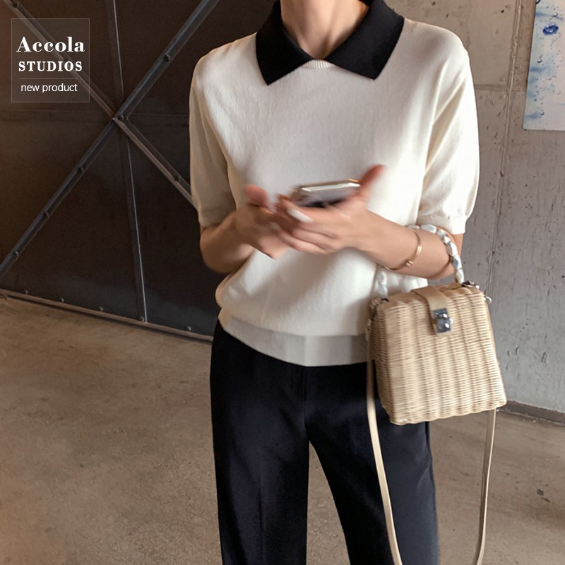 (HÀNG SẴN) Áo sơ mi cộc tay cổ bẻ POLO phối màu đen trắng đơn giản thanh lịch style công sở Hàn Quốc | BigBuy360 - bigbuy360.vn