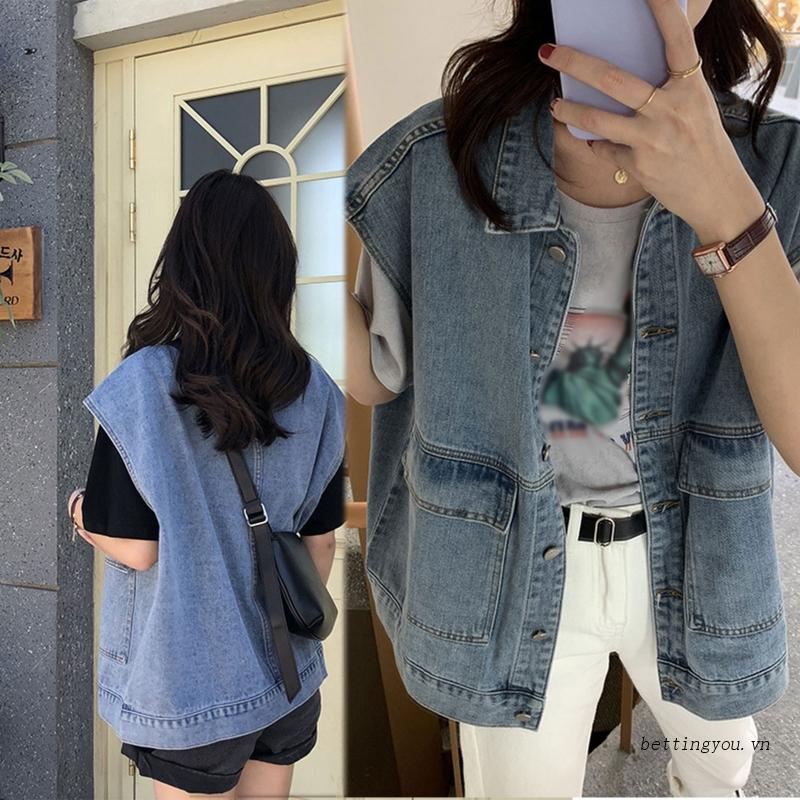 Áo Khoác Jean Không Tay Dáng Rộng Cài Nút Phong Cách Harajuku Cho Nữ