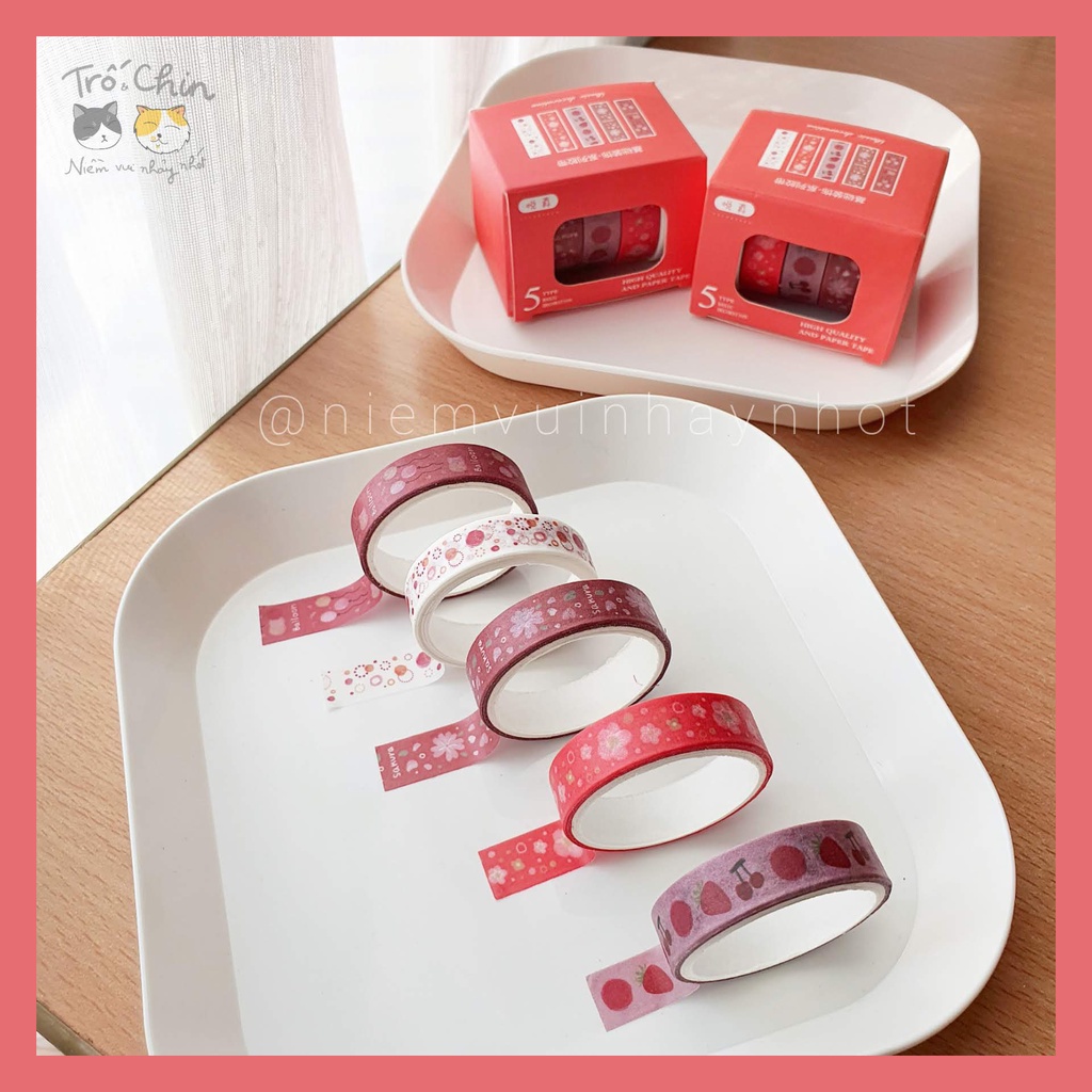 [ẢNH THẬT] [LOẠI MÀU 1-4] Hộp 5 cuộn Washi tape Băng dính dán nhiều họa tiết nhiều màu Masking tape (1cm*2m)