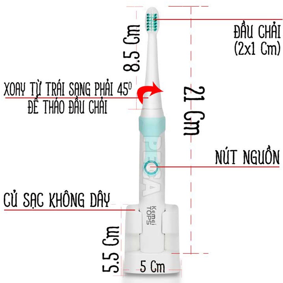 Bàn chải đánh răng điện Kemei KM-907 sạc không dây, sử dụng công nghệ rung siêu âm hiện đại chống thấm nước IPX7 an toàn