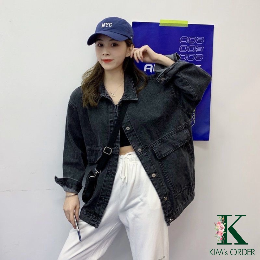 Áo khoác Jean nữ dài tay form rộng màu xanh và đen dáng suông chất bò Quảng Châu phong cách Ulzzang Hàn Quốc cá tính