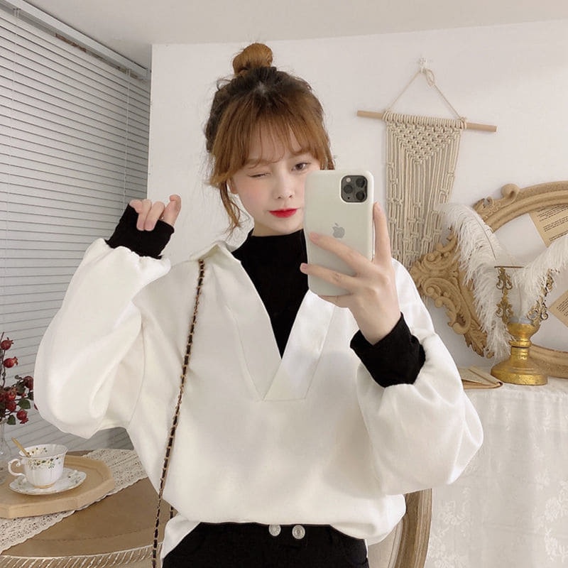 (Order) Áo sơ mi phối kiểu dáng áo thun gân body đen mix với sơ mi cổ V chất nhung màu trơn có size các màu
