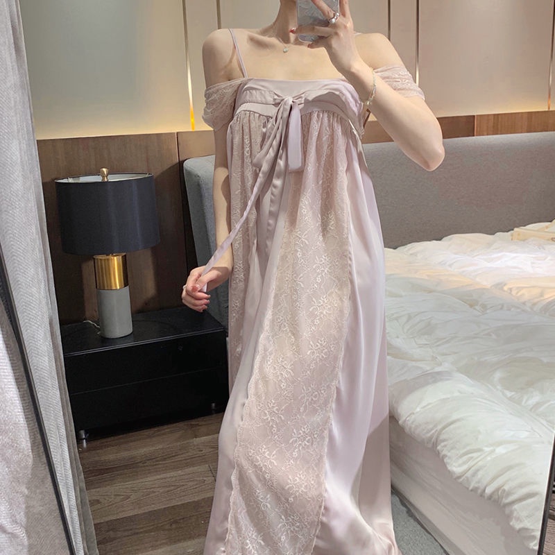 Cổ Phiếu Sẵn Sàng❣Ah F &amp; X Đầm Ngủ Công Chúa Hai Dây Dáng Dài Phối Ren Đính Nơ Kiểu Công Chúa Ngọt Ngào Mùa Hè Retro Mặc Nhà Cho Nữ