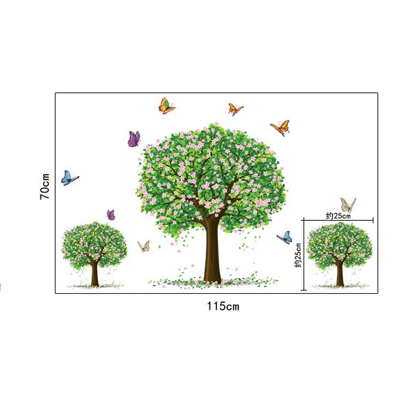 Decal trang trí tường 3 thân cây lớn có Hoa cùng Bướm xinh
