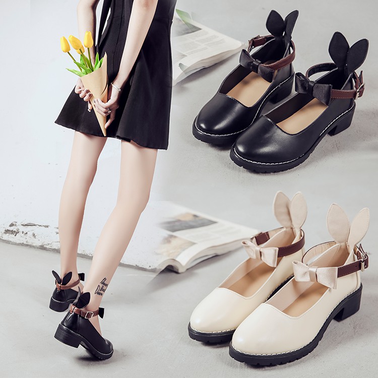 Giày búp bê quai ngang đính nơ tai thỏ dễ thương Nhật Bản
