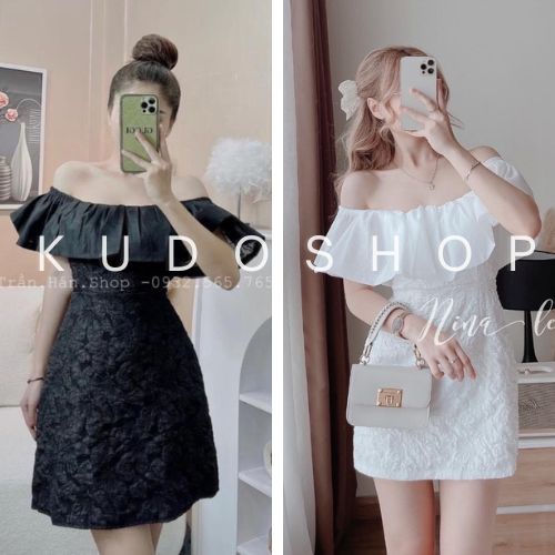 Váy trễ vai xốp hoa 2 màu sang chảnh dáng ngắn quyến rũ/ Đầm dự tiệc tiểu thư form rộng ulzzang mặc tôn dáng - kudoshop