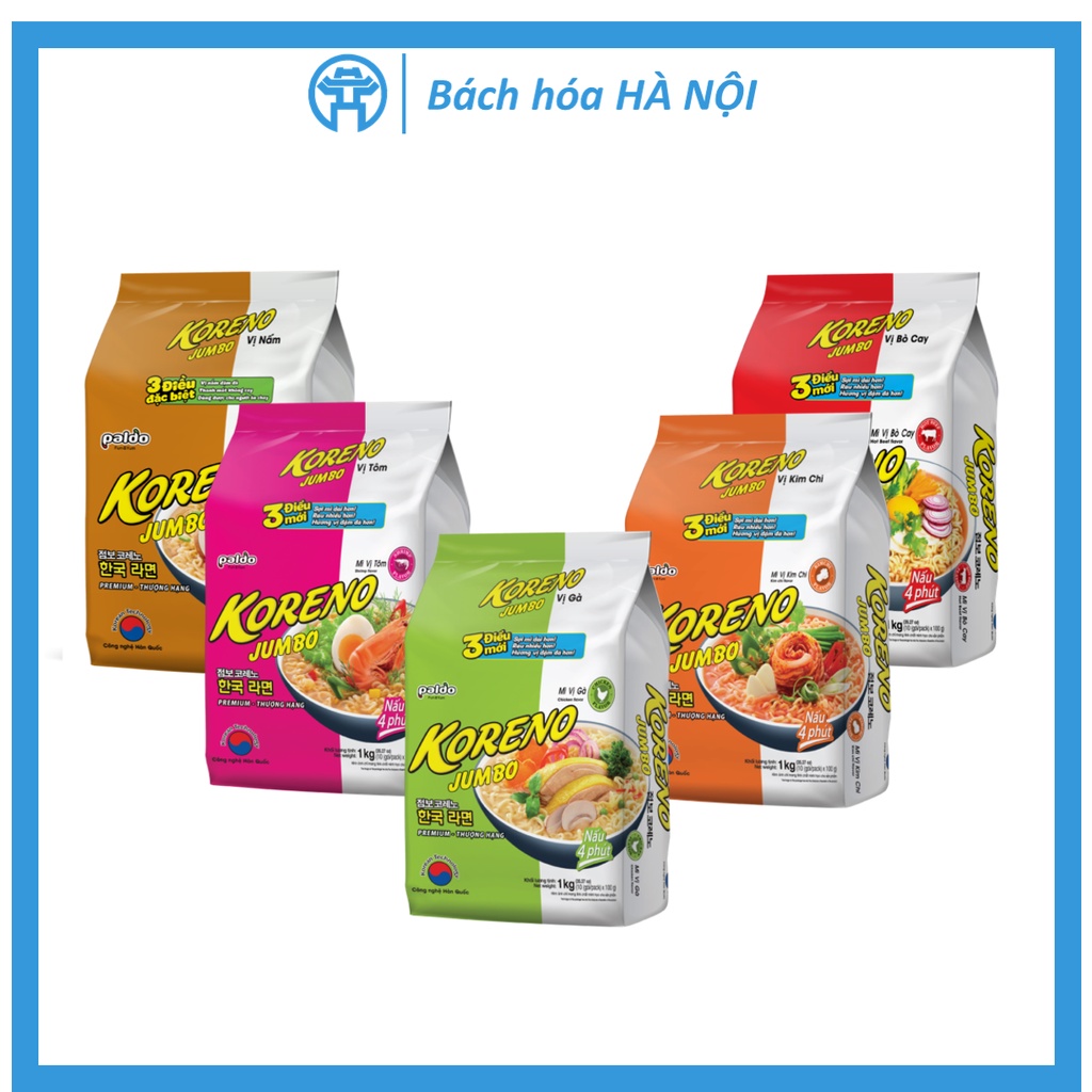 Túi 1kg Mì Ăn Liền/Nhúng Lẩu Koreno Jumbo Đủ Vị: Bò, Gà, Tôm, Kim Chi, Nấm - Nấu 4 Phút (Túi 10 Gói 100g)