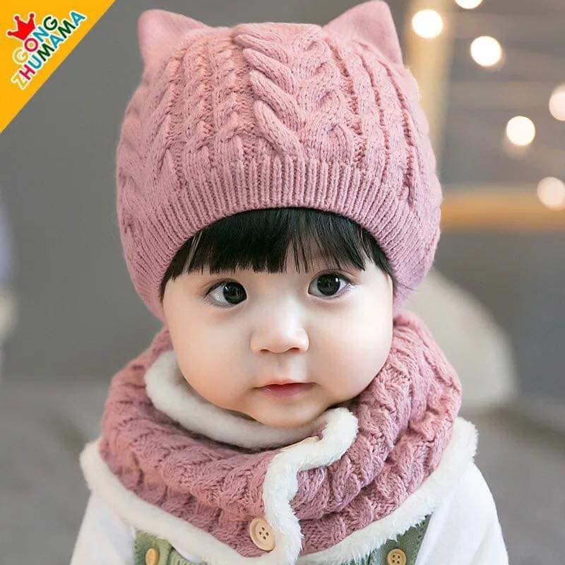 Sét mũ khăn tai mèo lót lông siêu ấm cho bé