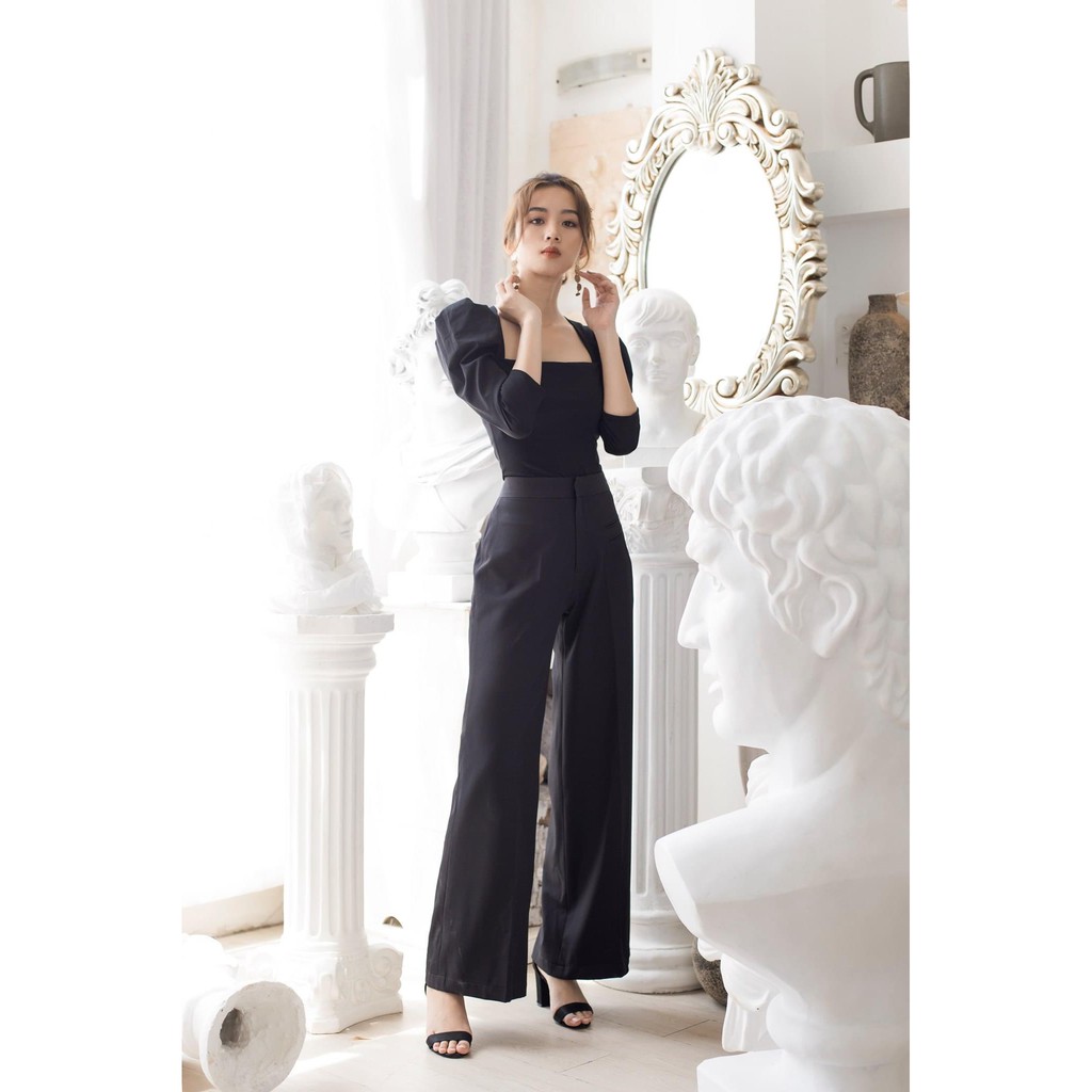 (HÌNH THẬT) Áo Cổ Vuông Tay Phồng CHICA (ĐEN)